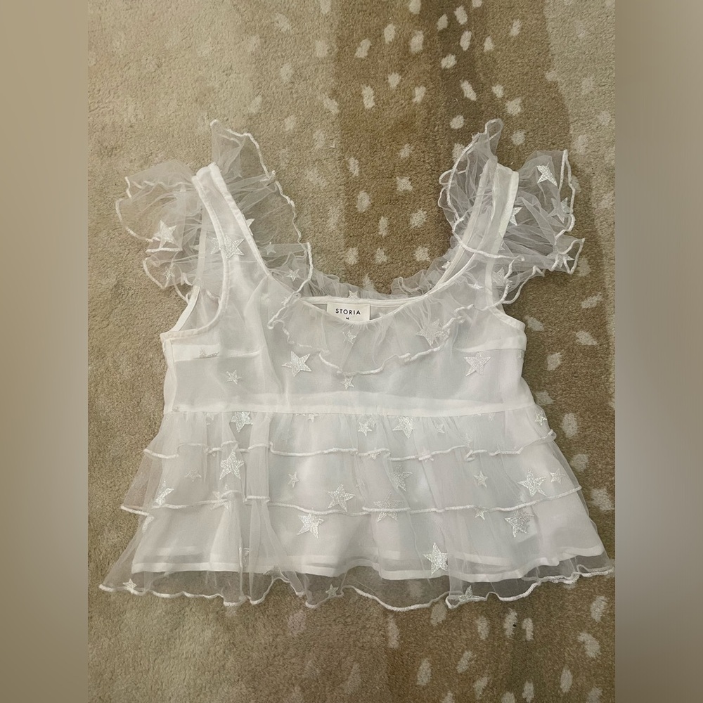 Storia white sheer star tank top blouse women’s size medium